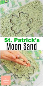 child's hands playing with green moon sand